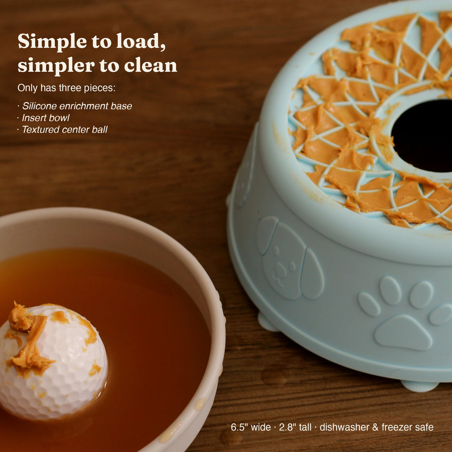 The Hush Bowl's three parts: silicone base spread with peanut butter, insert bowl of broth, and the textured centre ball