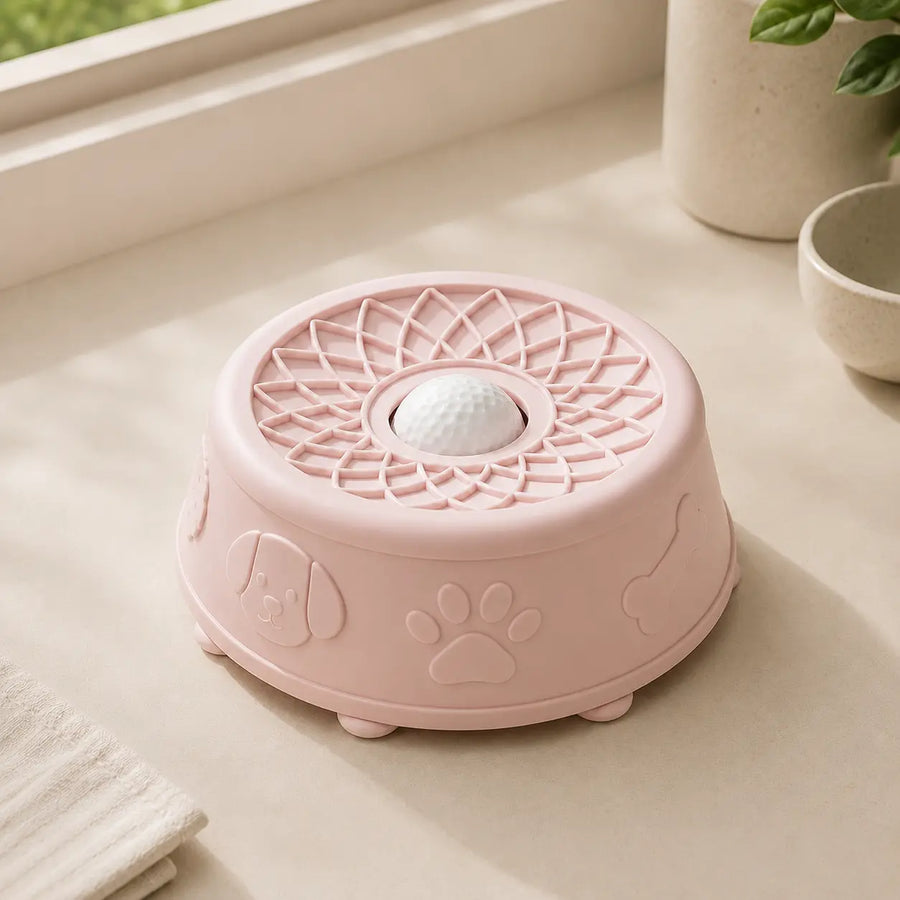 Silicone dog lick bowl with a ball, the Hush Bowl filled with peanut butter