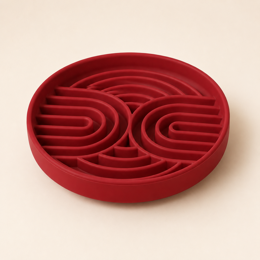 The Hush Feeder silicone slow feeder dog bowl in dark red