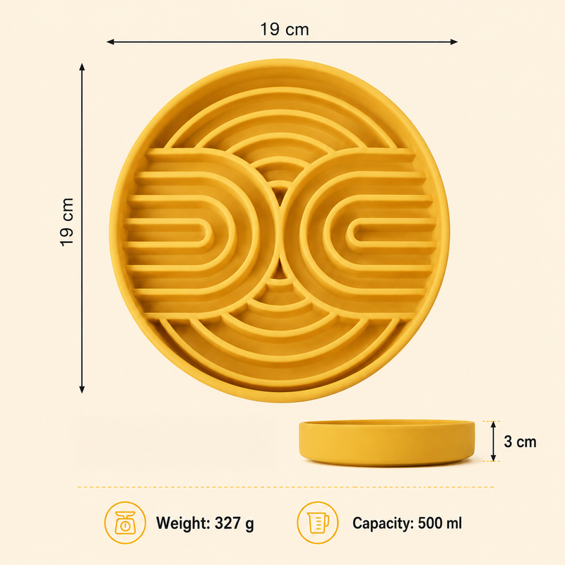 Hush Feeder slow feeder dog bowl features: deep ridges and suction base